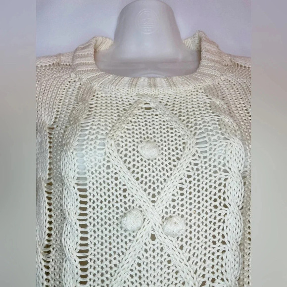Eesome Cream Ivory Pompom Cable Knit Crop Sweater Women Size M Stretch - Picture 4 of 7
